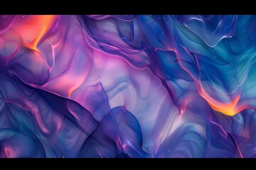 Poster - Colorful abstract waves flowing in shades of blue, purple, and orange with a dreamy texture resembling fluid art at dusk