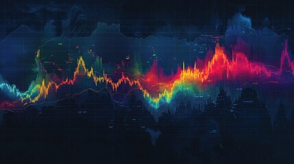 Poster - Abstract Digital Waveform Visualization Representing Data Fluctuations in Bright Colors for Technology and Financial Conceptualization
