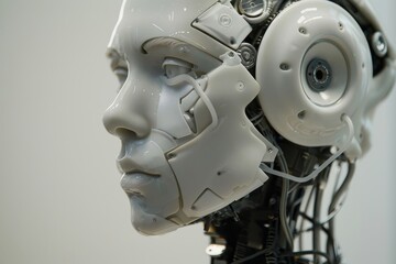 Poster - A close-up of a futuristic robotic head showcasing intricate mechanical features and facial design in a contemporary setting
