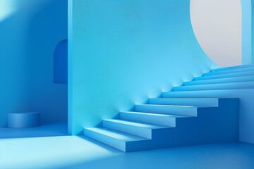 Poster - Bright blue interior staircase with minimalist design and light play, set in a modern architectural space during the daytime