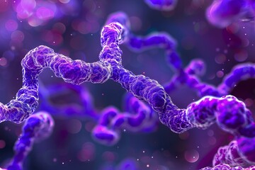 Poster - Close-up view of purple bacteria strands under a microscope showcasing their intricate structure in a lab environment during a research study