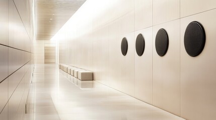Aufkleber - Modern Minimalist Interior of a Bright Corridor Featuring Smooth Wall Panels and Circular Art Elements in a Contemporary Style