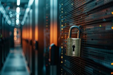 Poster - A secured padlock on a data center server rack symbolizes data protection in a high-tech environment during evening hours