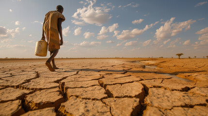 Canvas Print - A man is walking across a desert with a large container on his back