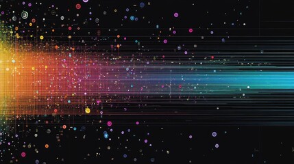 Poster - Abstract digital illustration of vibrant light beams and colorful circular elements flowing across a dark background, representing energy and innovation in technology and science