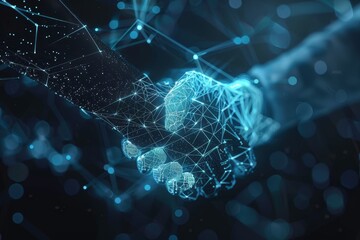 Poster - Digital handshake symbolizing collaboration and innovation in technology with a futuristic network background