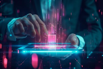 Poster - A professional explores digital technology by manipulating holographic data above a tablet in a modern office setting
