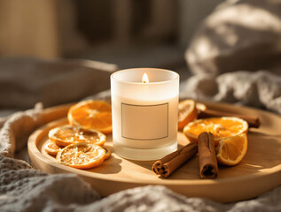 Fototapete - A close-up of a handmade soy wax candle in a frosted glass jar, surrounded by dried citrus slices and cinnamon sticks, placed on a wooden tray, soft glowing light creating warm shadows