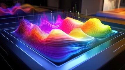  - Vibrant multicolored sound wave visualization representing audio frequency patterns in a futuristic digital environment with glowing lines and peaks.
