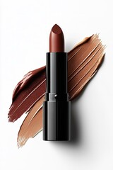 creative concept photo of cosmetics swatches beauty products lipstick on white background.