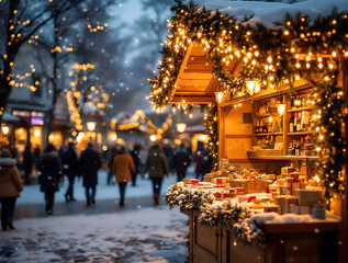 Poster - A glowing festive market stall in a snowy town square, decorated with string lights and garlands, snowflakes falling in motion, soft golden light reflecting off the snow, cozy and festive atmosphere