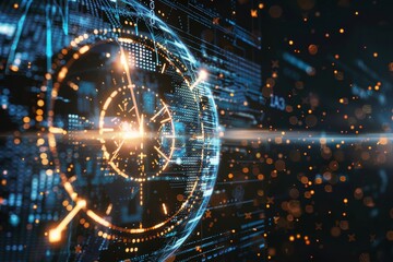 Poster - Digital futuristic interface with glowing elements and data patterns representing advanced technology and data visualization