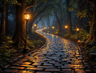 Aufkleber - A cobblestone pathway lit by glowing magical runes, leading through an ancient enchanted forest