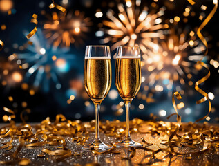 Poster - A New Year's Eve celebration scene with two glasses of champagne placed on a sparkling table, surrounded by golden confetti and streamers, blurred fireworks lighting up the night sky, festive 