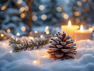 Poster - A frosted pinecone resting on a bed of snow, surrounded by glowing fairy lights and soft candlelight, blurred snow-covered trees in the background, cinematic and serene winter setting