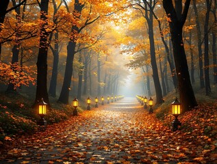 Aufkleber - A misty forest pathway covered in golden fallen leaves, glowing lanterns lining the path, vibrant orange and yellow foliage above, soft sunlight streaming through the trees