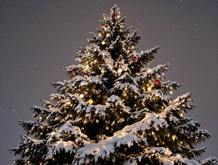 Poster - Snow-covered evergreen tree adorned with glowing ornaments, set against a soft, twinkling night sky