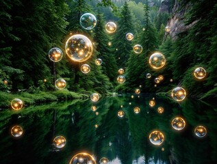 Aufkleber - Magical glowing orbs floating above a reflective lake, surrounded by dense forest trees