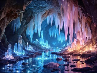 Poster - A shimmering crystal cave with glowing stalactites and a stream reflecting ethereal light
