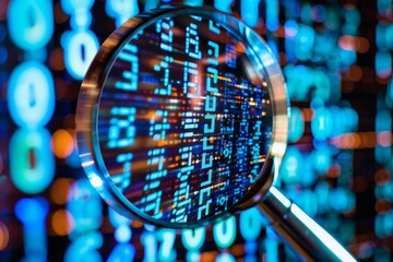 Poster - Magnifying glass focusing on digital data representation with vibrant blue and orange tones in a tech environment