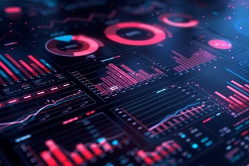Poster - Colorful data visualization dashboard displaying interactive charts and graphs for analytics analysis in a modern office setting at night