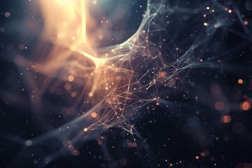 Poster - Abstract representation of interconnected particles in a dark space with glowing highlights, showcasing energy and movement in the universe