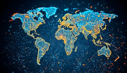 Poster - A Captivating Visual of a World Map Dissolving into Glowing Particles to Represent Global Dynamics and Change