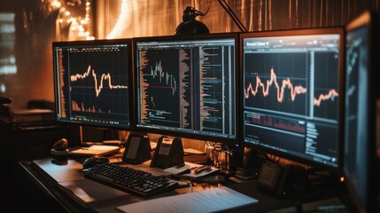 Poster - Triple Monitor Setup Displays Stock Market Data And Code