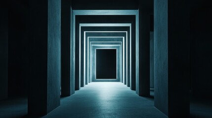 Poster - Abstract Dark Corridor With Glowing Teal Walls