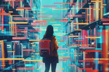 Poster - A young person stands in a modern library filled with colorful digital data projections against shelves brimming with books