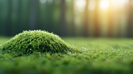 Wall Mural - Lush green moss mound with dew drops, sunlit forest background.