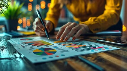 Poster - A professional analyzing colorful charts and graphs in a modern office during evening hours