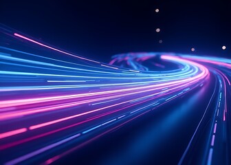 Poster - Neon lines and flowing stripes of blue and pink light curve through space in a futuristic speed trail effect display.