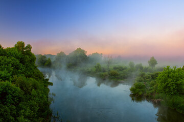 Wall Mural - small quiet river at dawn, green overgrown coast meandering river, fog, mist over the water. In the background is the warm sunshine. Summer morning 