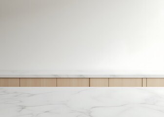 Aufkleber - White marble kitchen countertop features a pale gray background and wooden panels for a modern look with empty space for display.
