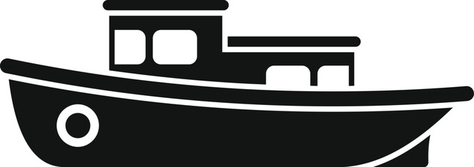 Poster - side view of a small fishing boat sailing on calm waters, simple black and white icon