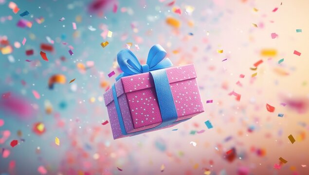 A gift box, shimmering with all the colors of the rainbow, hangs in mid-air, like a colorful balloon. It's tied with a bright ribbon that catches the light.
