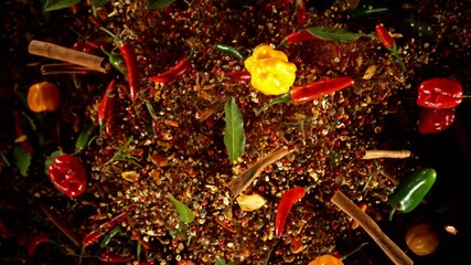 Poster - Super Slow Motion of Flying Spice Mix. Isolated on Black Background. Filmed on High Speed Cinema Camera, 1000 fps.