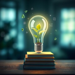 Poster - Surreal Scene of a Glowing Light Bulb Nurturing Life with a Green Plant Inside, Perfect for Imaginative Projects and Use in Creative Designs