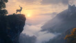 © Thiago - A deer perched on a high cliff, overlooking a misty valley at sunrise, with early morning fog adding a mystical touch. Mystical Foggy Valley. Illustration