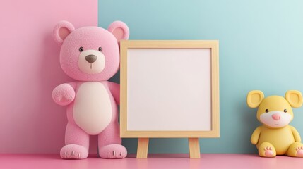 Wall Mural - A pink teddy bear stands next to a white board with a blank space on it