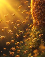 Wall Mural - Honeybees buzzing around a beehive during sunset.