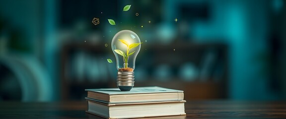 Poster - Surreal and Imaginative Scene of a Glowing Light Bulb with a Small Green Plant Inside, Emitting a Magical Aura