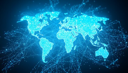 Poster - A Vibrant and Dynamic World Map Disintegrating into Glowing Particles - Perfect for Representing Global Connectivity in Digital Presentations