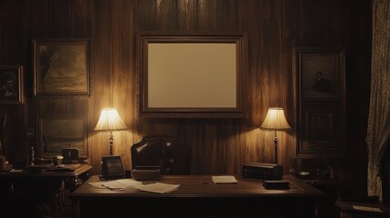 Poster - Dark Wooden Study Room With Antique Paintings And Desk