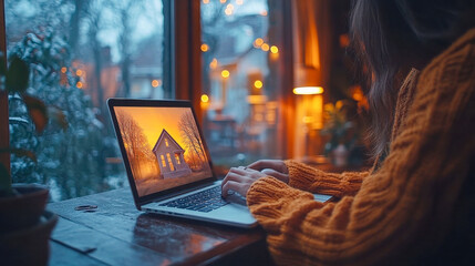 Poster - A person in a cozy setting using a laptop displaying a house, with a warm ambient background and snowy window view