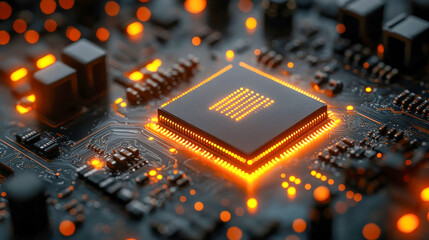 Poster - Close-up of a glowing microchip on a circuit board, representing technology and blockchain innovation