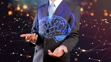 Wall Mural - Brain in hands of the business man on abstract background