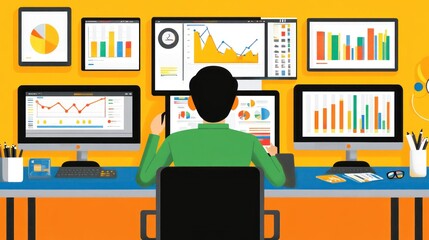 Poster - Analyst Reviewing Colorful Data Charts And Graphs On Multiple Screens