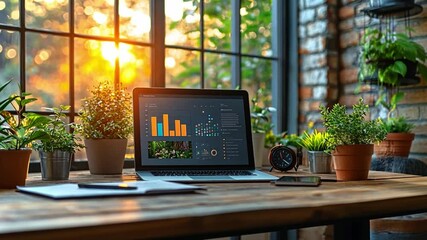 Poster - Cozy workspace with laptop displaying data analysis at sunset surrounded by vibrant greenery